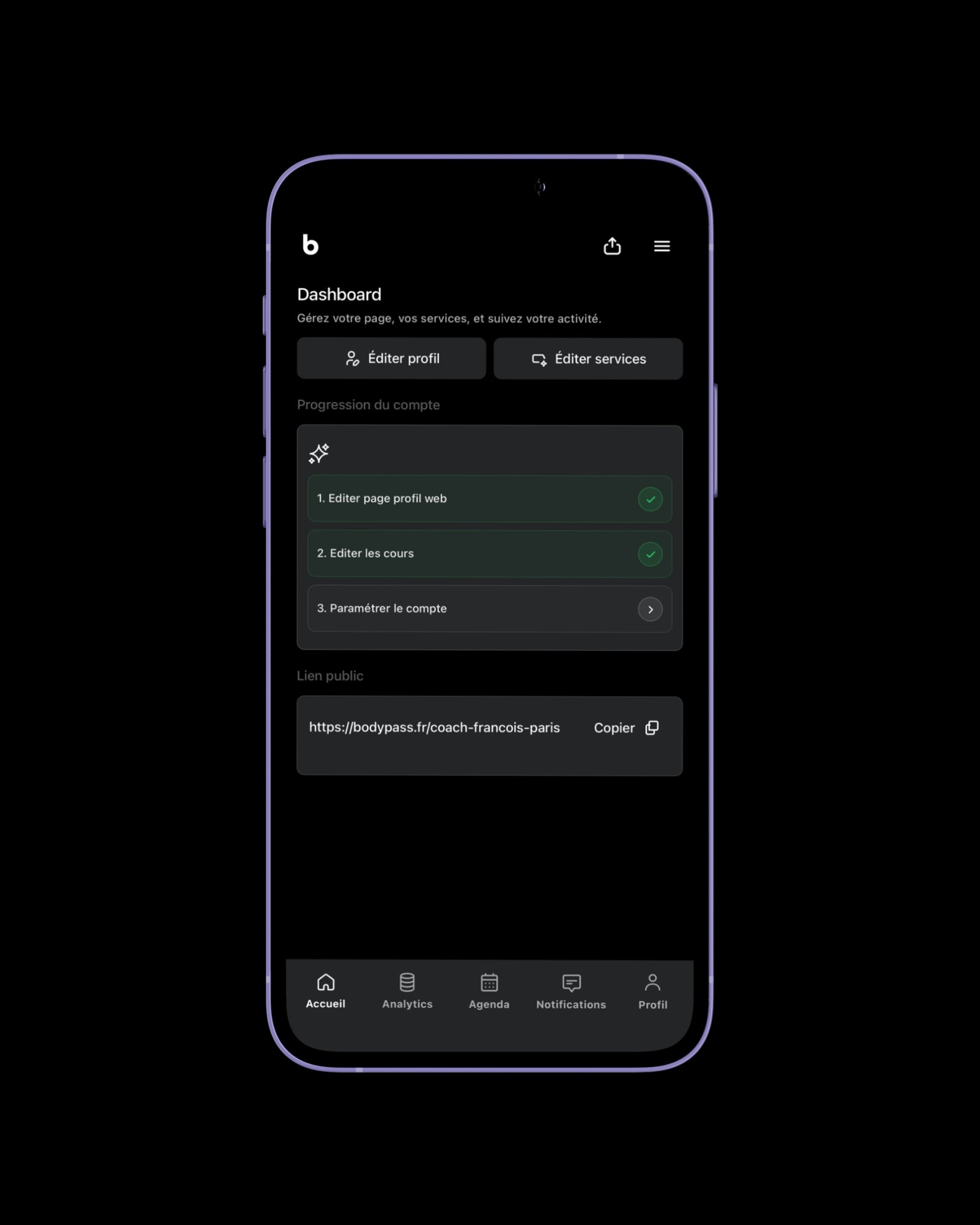 Capture d’écran de l’agenda connecté pour coach sur Bodypass Pro